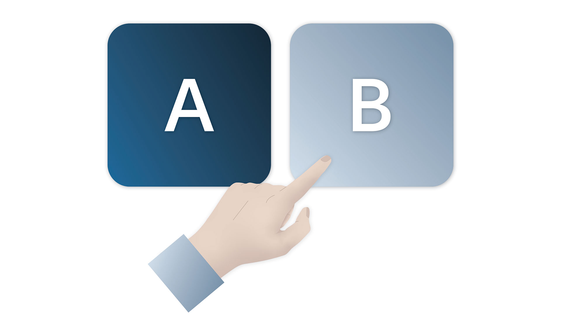 An illustration of a hand pointing at a light blue square button labeled "B" positioned next to a dark blue square button labeled "A" on a white background.