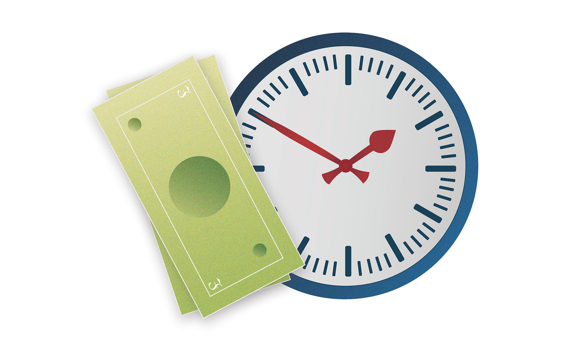 An illustration of a round clock with a blue border and red hands alongside two overlapping green banknotes on a white background.