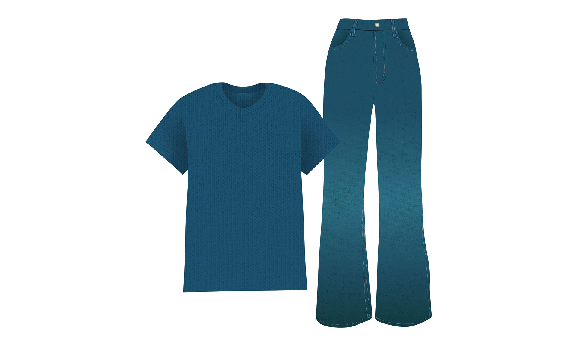 An illustration of a dark blue short-sleeved t-shirt placed next to a pair of blue flared jeans on a white background.
